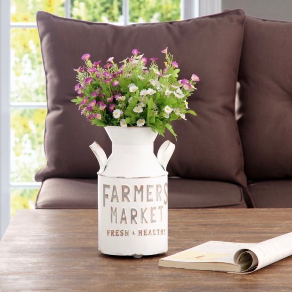 NWT Beautiful Farmers Market Metal Milk Jug vase Décor with Handles, White 10" H - Picture 6 of 15